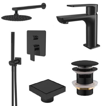 Комплект смесители LOTUS BLACK МАТ с клапа и сифон