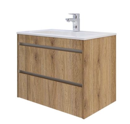 PVC Ема 65см Шкаф за баня с две чекмеджета и умивалник дървен фурнир