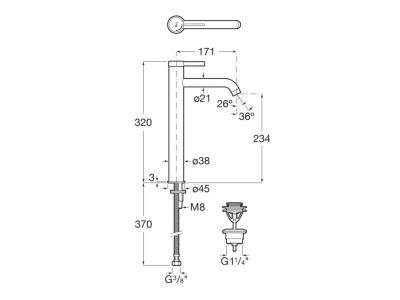 ROCA ONA Висок смесител за умивалник с клик-клак Stainless Steel Finish 
