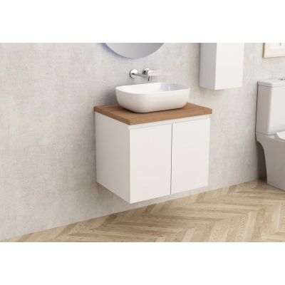 Мебел с плот за баня, цвят бял гланц + дървесен плот, размер 59/45см